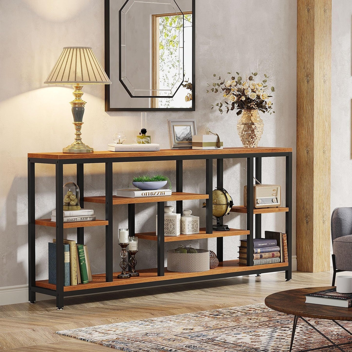 Tavolo console per divano da 180 cm con spazio portaoggetti, tavolo da ingresso a 3 livelli per corridoio