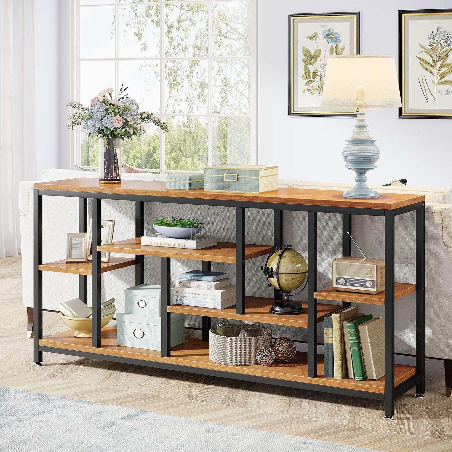 Tavolo console per divano da 180 cm con spazio portaoggetti, tavolo da ingresso a 3 livelli per corridoio