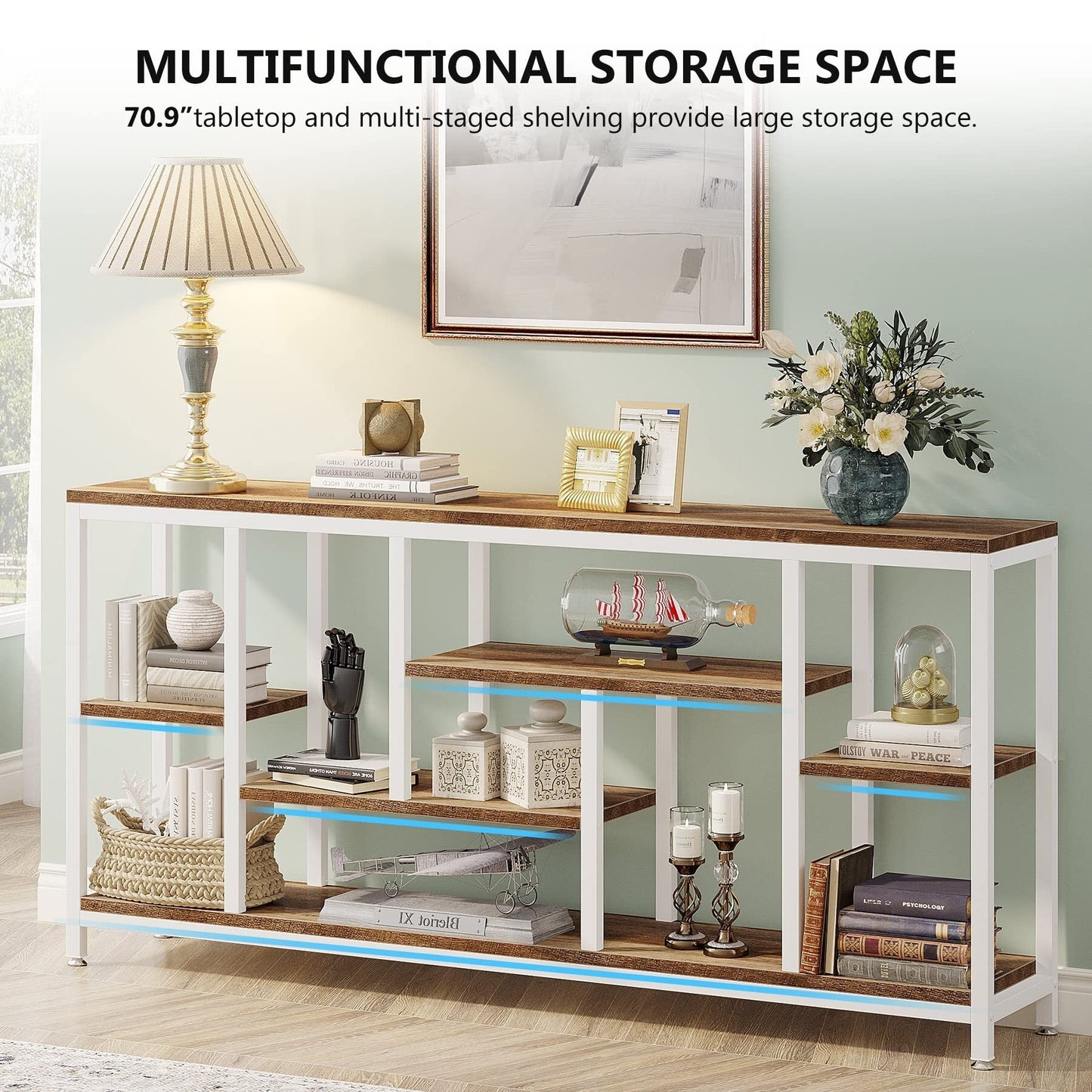 Tavolo console per divano da 180 cm con spazio portaoggetti, tavolo da ingresso a 3 livelli per corridoio