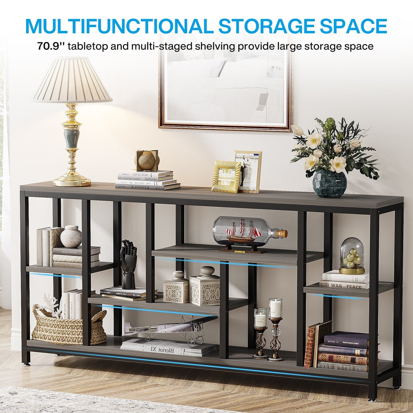 Tavolo console per divano da 180 cm con spazio portaoggetti, tavolo da ingresso a 3 livelli per corridoio