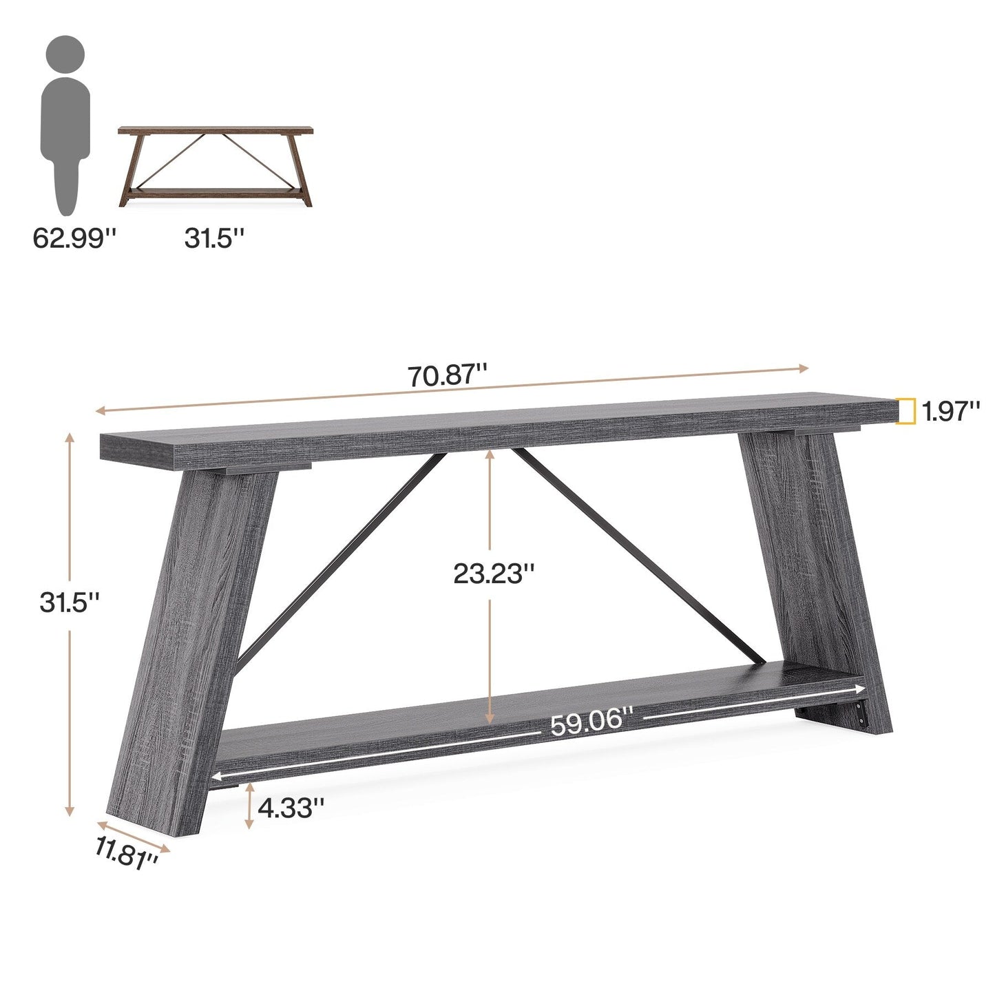 Tavolo da divano in legno rustico lungo 70,9 pollici con ripiano portaoggetti