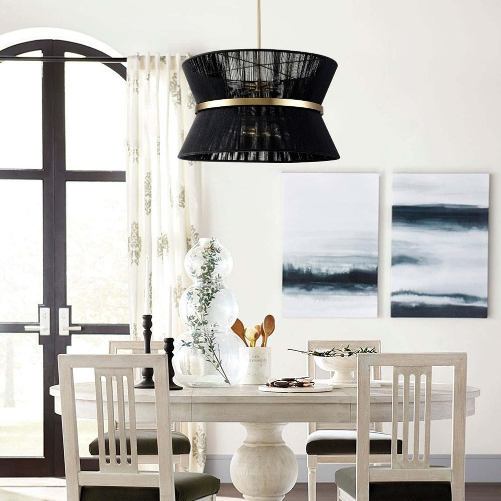 Lampadario a 8 luci, stile bohémien moderno, a forma di tamburo, grande, con tessuto a forma di clessidra intrecciato a mano, colore oro/nero, per sala da pranzo/soggiorno, diametro 60 cm (24 pollici).