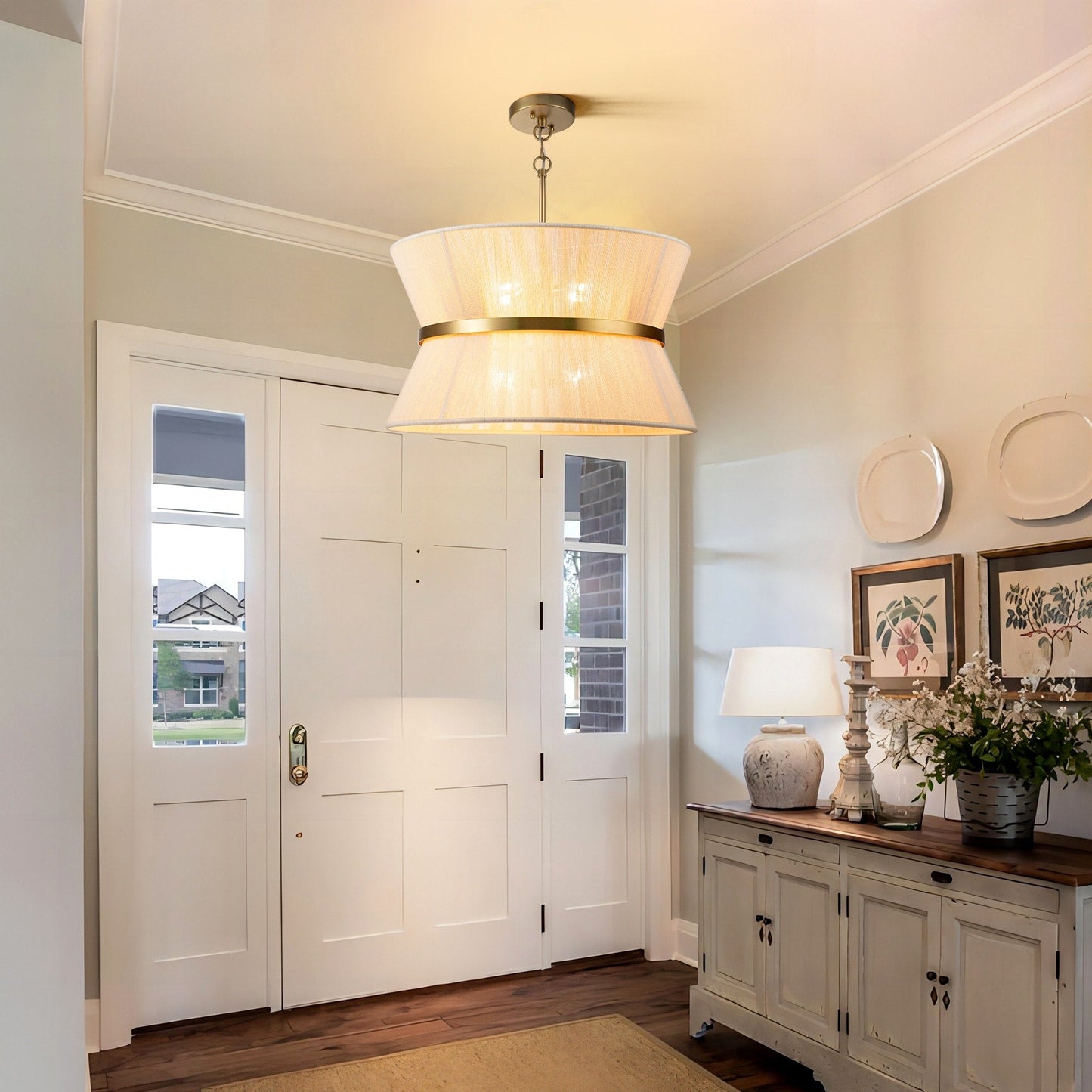 Lampadario a 8 luci, stile bohémien moderno, a forma di tamburo, grande, con tessuto a forma di clessidra intrecciato a mano, colore oro/nero, per sala da pranzo/soggiorno, diametro 60 cm (24 pollici).