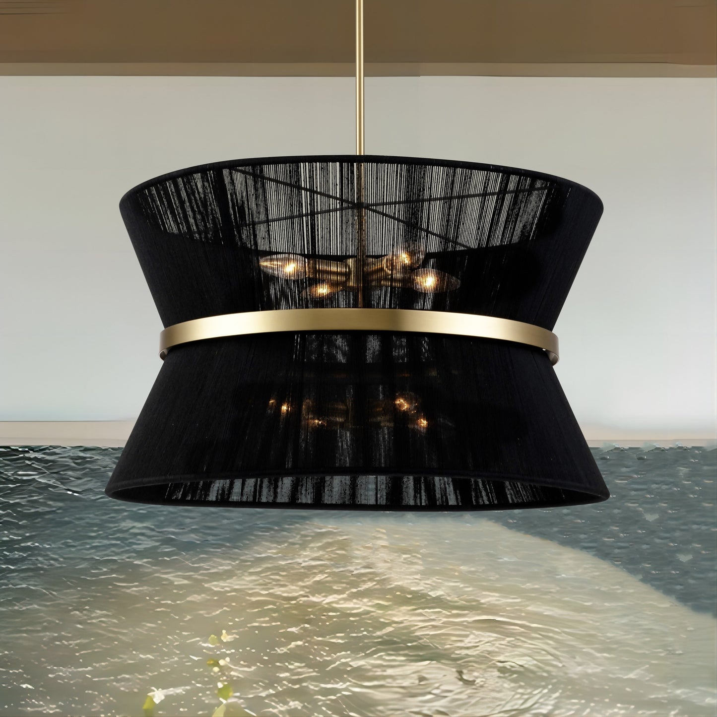 Lampadario a 8 luci, stile bohémien moderno, a forma di tamburo, grande, con tessuto a forma di clessidra intrecciato a mano, colore oro/nero, per sala da pranzo/soggiorno, diametro 60 cm (24 pollici).