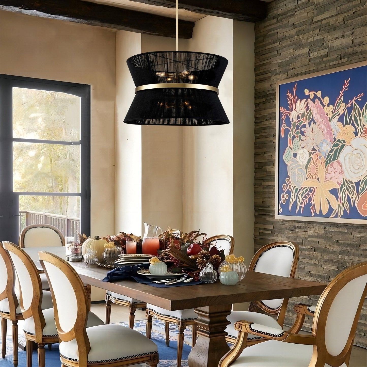 Lampadario a 8 luci, stile bohémien moderno, a forma di tamburo, grande, con tessuto a forma di clessidra intrecciato a mano, colore oro/nero, per sala da pranzo/soggiorno, diametro 60 cm (24 pollici).