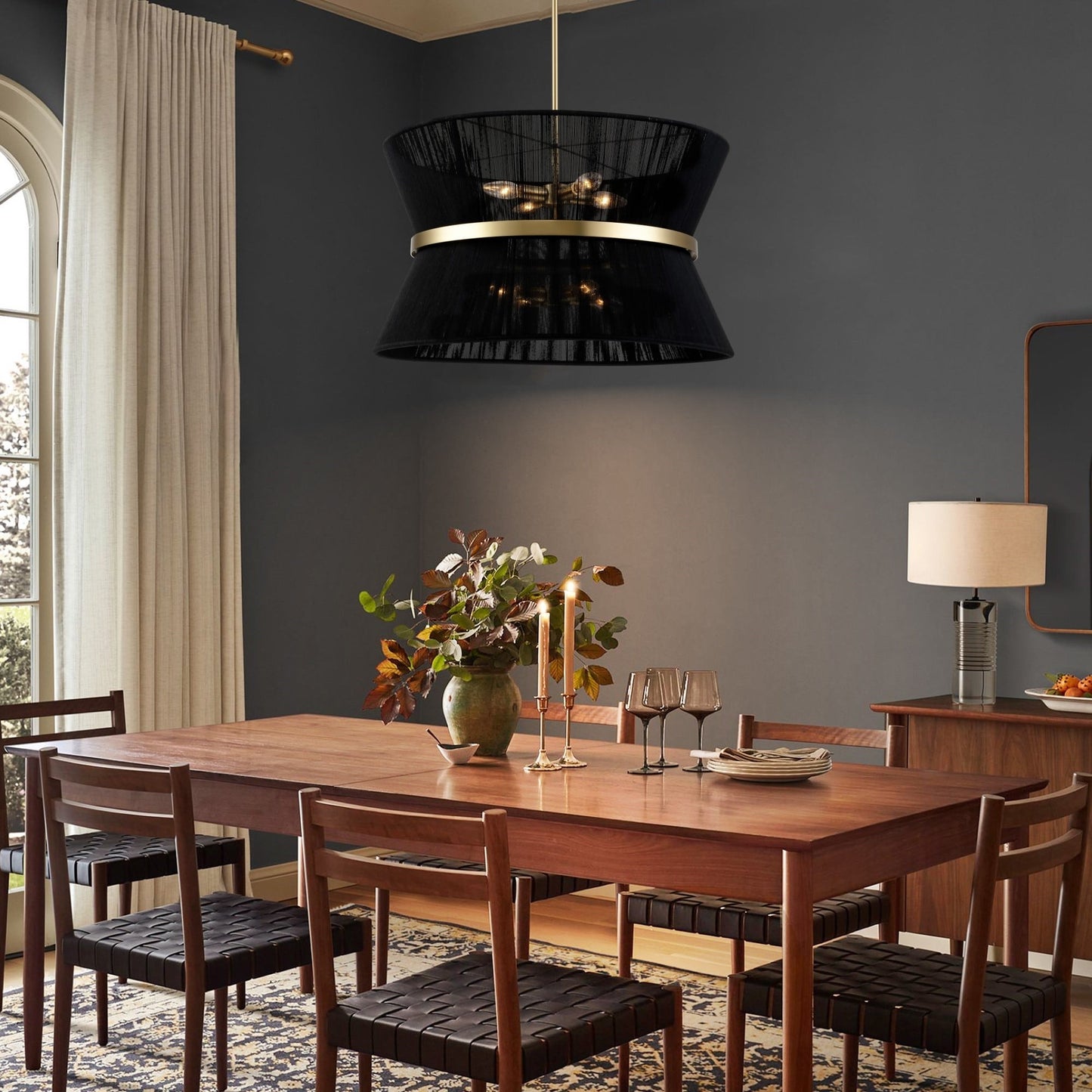 Lampadario a 8 luci, stile bohémien moderno, a forma di tamburo, grande, con tessuto a forma di clessidra intrecciato a mano, colore oro/nero, per sala da pranzo/soggiorno, diametro 60 cm (24 pollici).