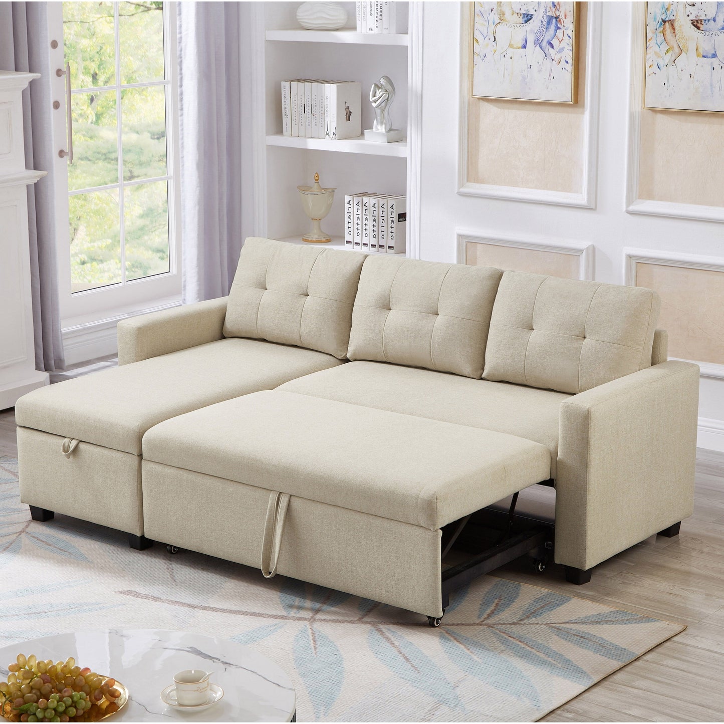 Divano letto trasformabile imbottito da 207 cm (81,5 pollici) a 3 posti con letto estraibile, chaise longue reversibile con vano portaoggetti e cuscini schienale.