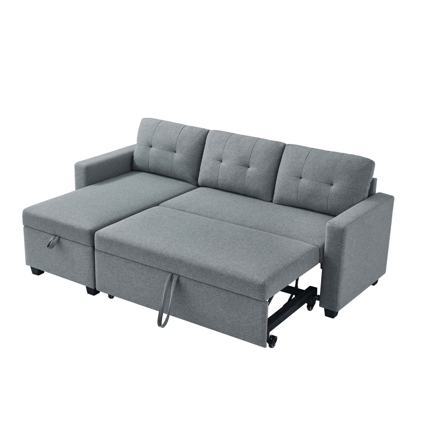 Divano letto trasformabile imbottito da 207 cm (81,5 pollici) a 3 posti con letto estraibile, chaise longue reversibile con vano portaoggetti e cuscini schienale.