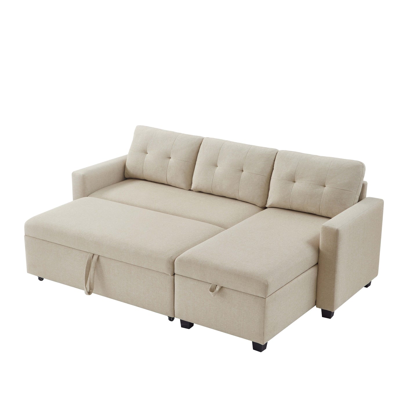 Divano letto trasformabile imbottito da 207 cm (81,5 pollici) a 3 posti con letto estraibile, chaise longue reversibile con vano portaoggetti e cuscini schienale.