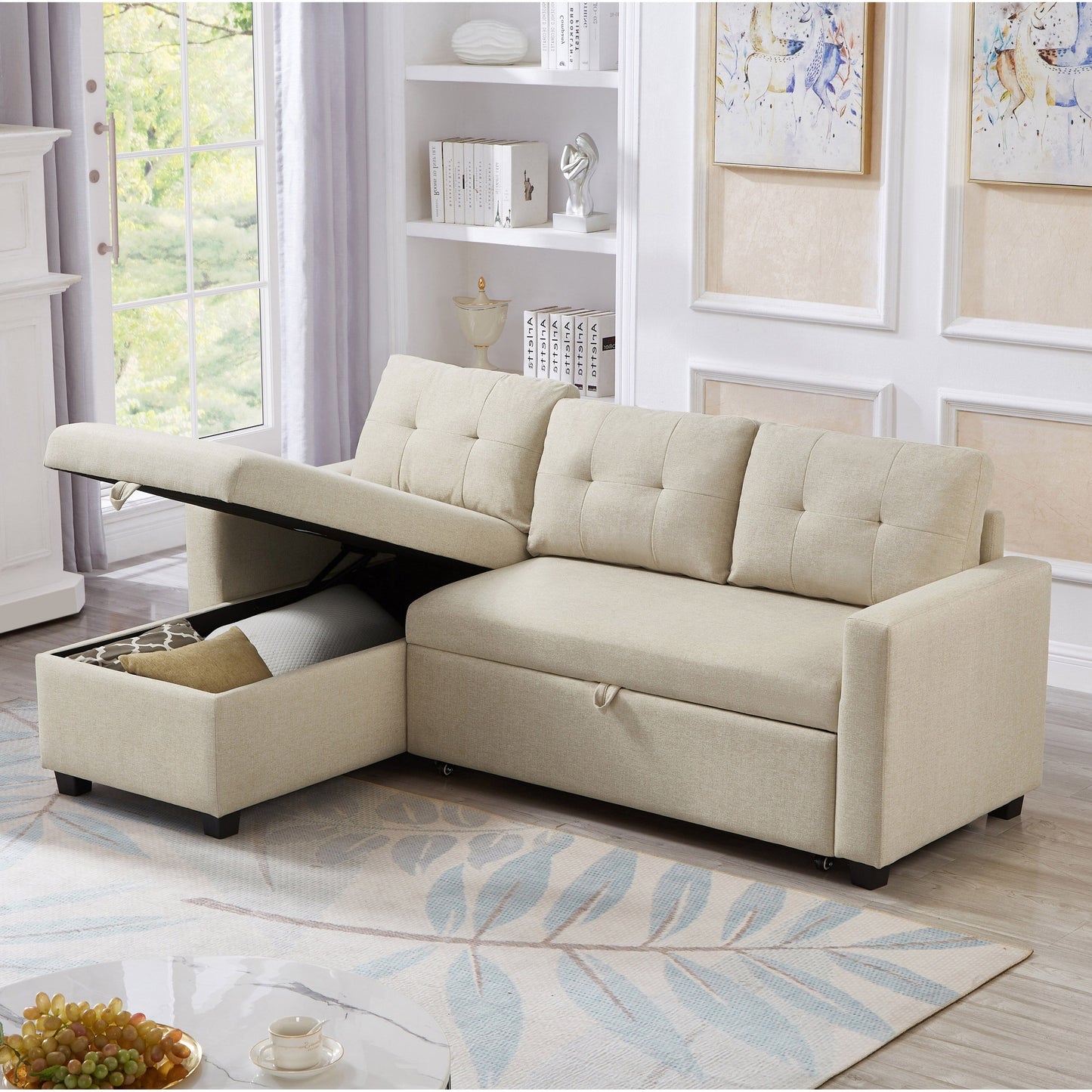 Divano letto trasformabile imbottito da 207 cm (81,5 pollici) a 3 posti con letto estraibile, chaise longue reversibile con vano portaoggetti e cuscini schienale.