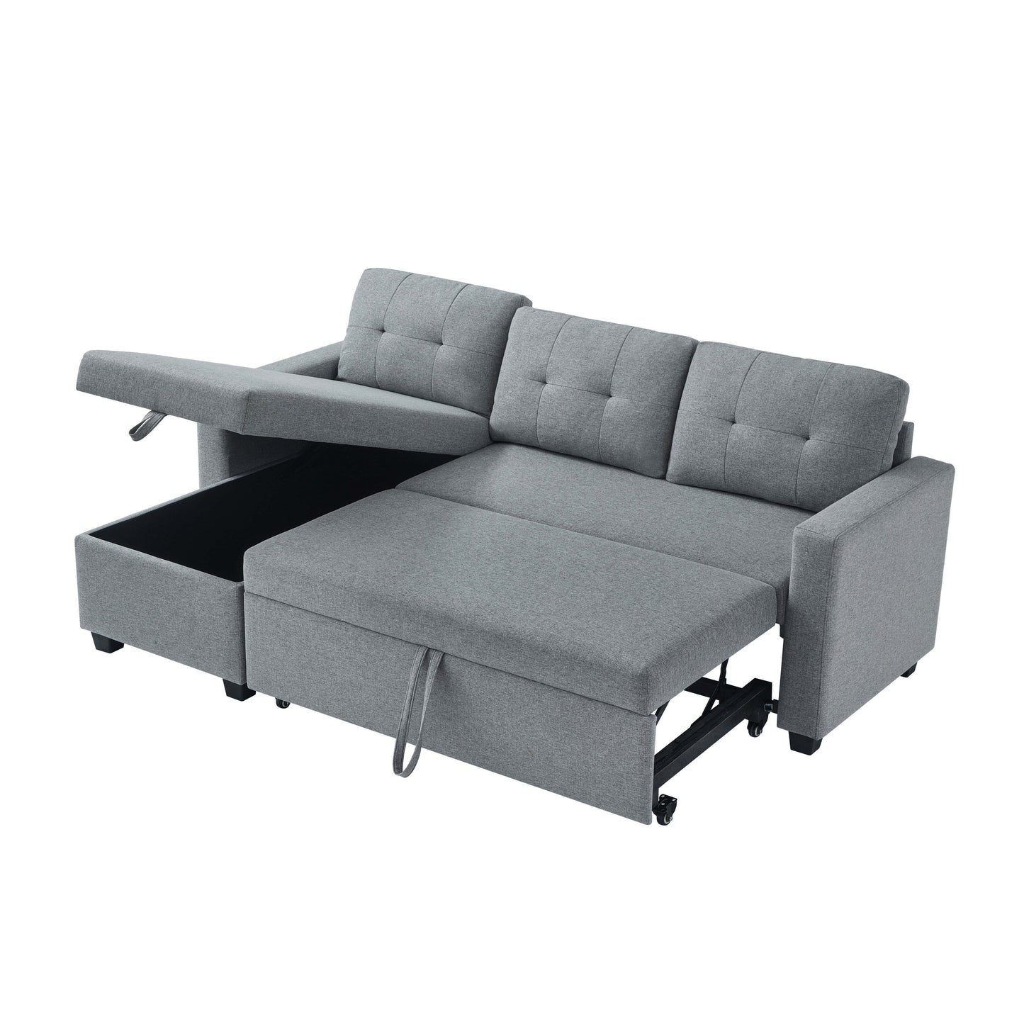 Divano letto trasformabile imbottito da 207 cm (81,5 pollici) a 3 posti con letto estraibile, chaise longue reversibile con vano portaoggetti e cuscini schienale.