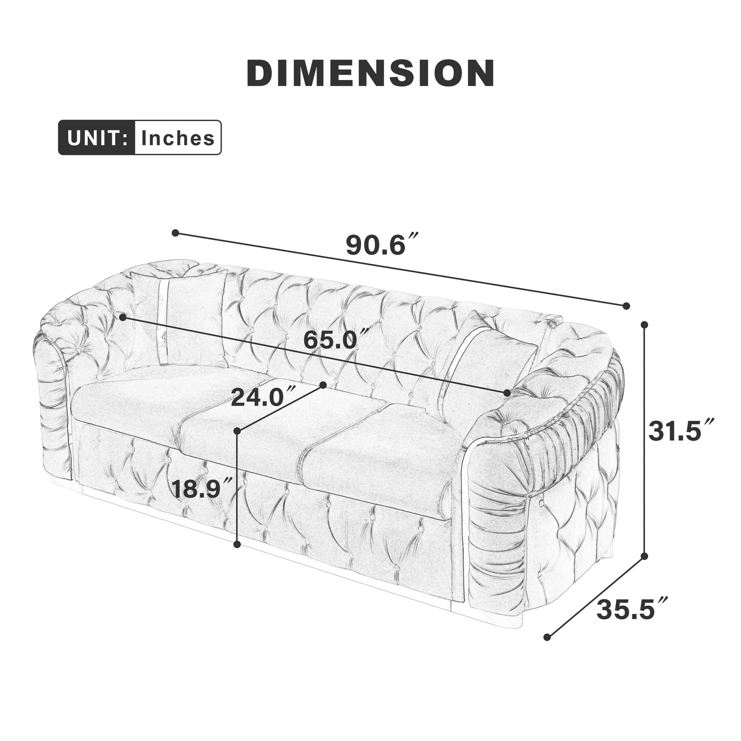 Divano 3 posti in velluto 90.6 con 2 cuscini, imbottitura ad alta densità, dettagli dorati e cuscini.