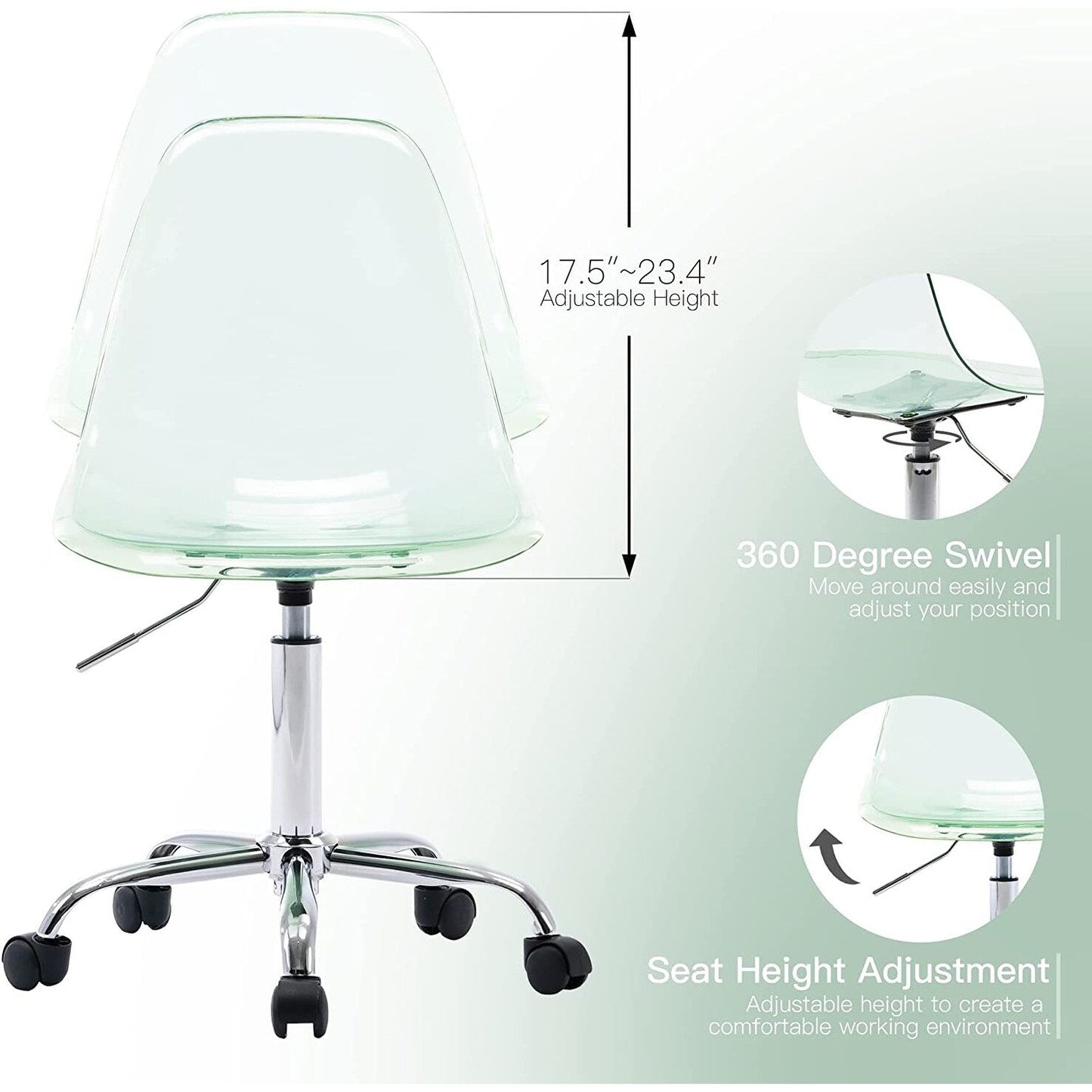 Sedia da ufficio girevole in acrilico, regolabile in altezza, senza braccioli, con ruote, per uso domestico.