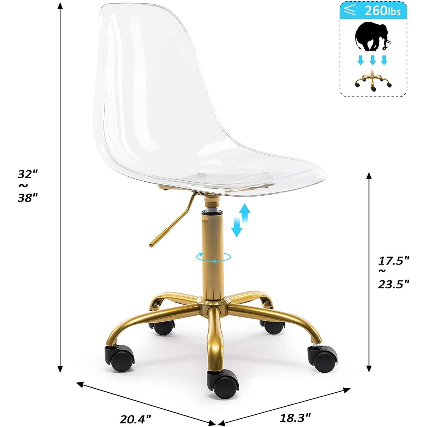 Sedia da ufficio girevole in acrilico, regolabile in altezza, senza braccioli, con ruote, per uso domestico.