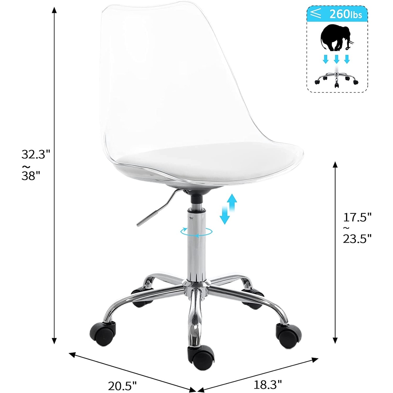 Sedia da ufficio girevole in acrilico, regolabile in altezza, senza braccioli, con ruote, per uso domestico.