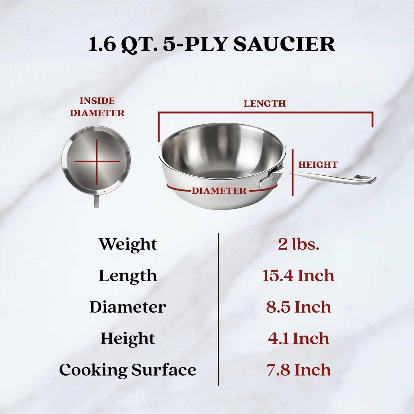 Pentola per salsa Alva Maestro in acciaio inossidabile a 5 strati - 1,6 Qt. Atossica