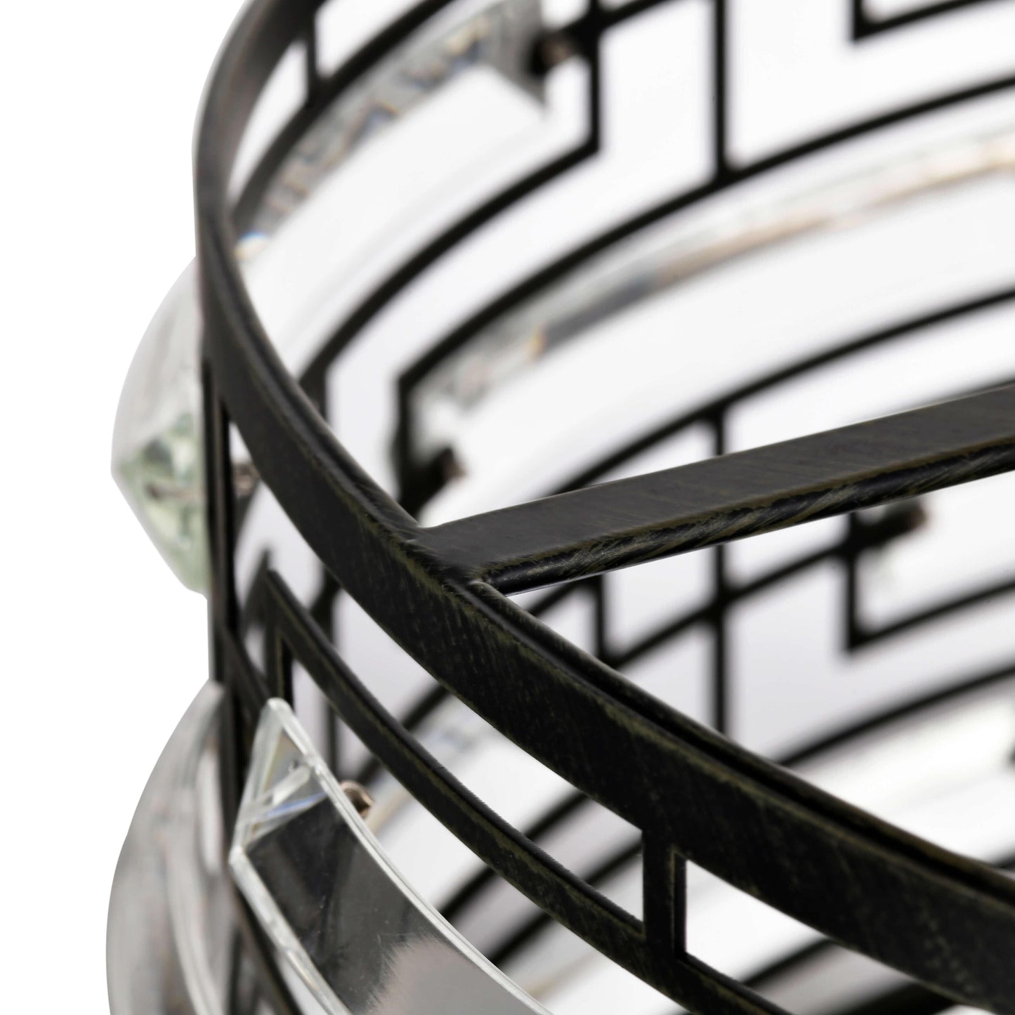 Lampadario Anita con paralume a tamburo e prisma in vetro trasparente