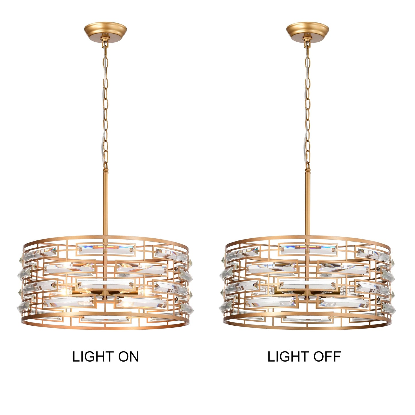 Lampadario Anita con paralume a tamburo e prisma in vetro trasparente