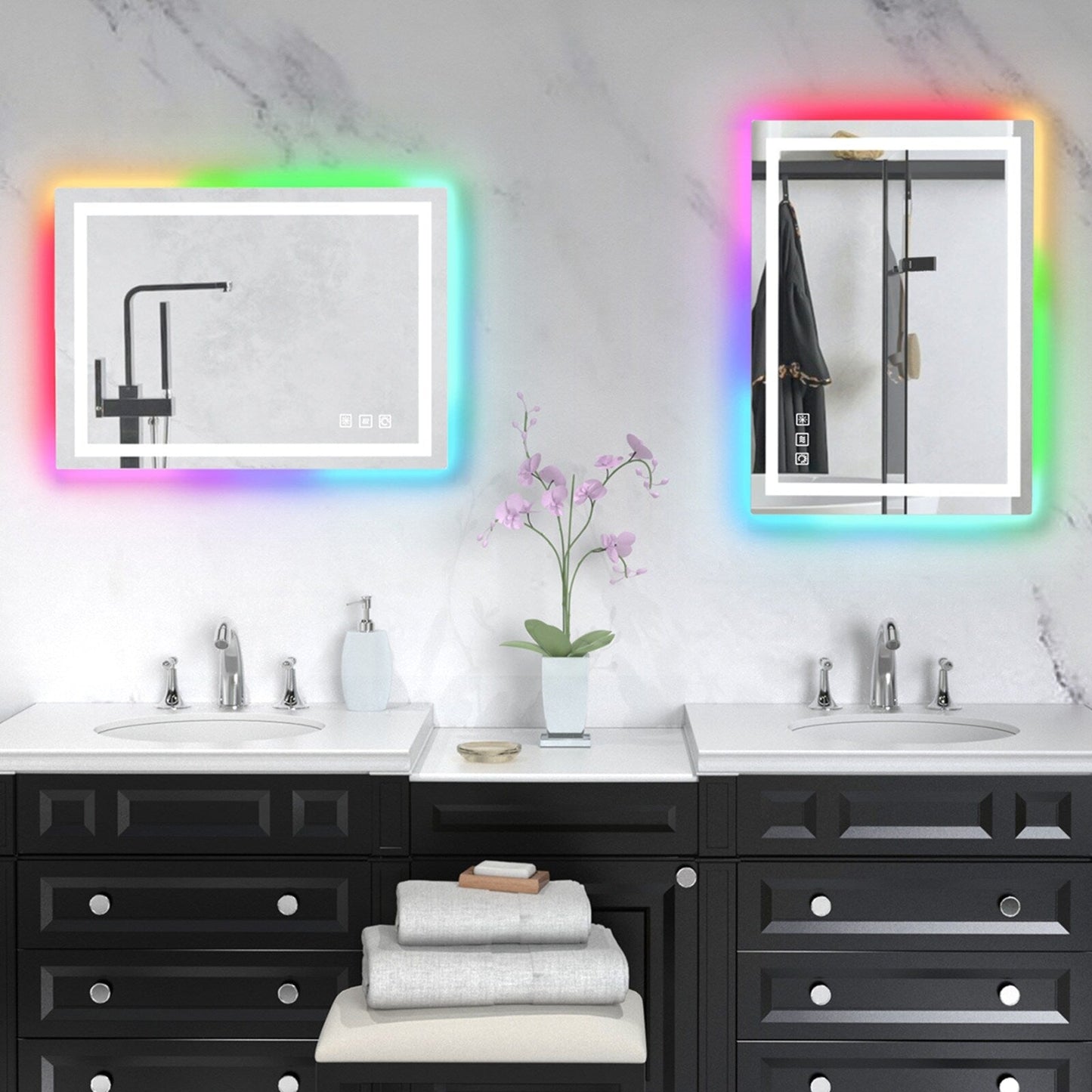 Specchio da bagno con retroilluminazione RGB e illuminazione frontale a LED, anti-appannamento.