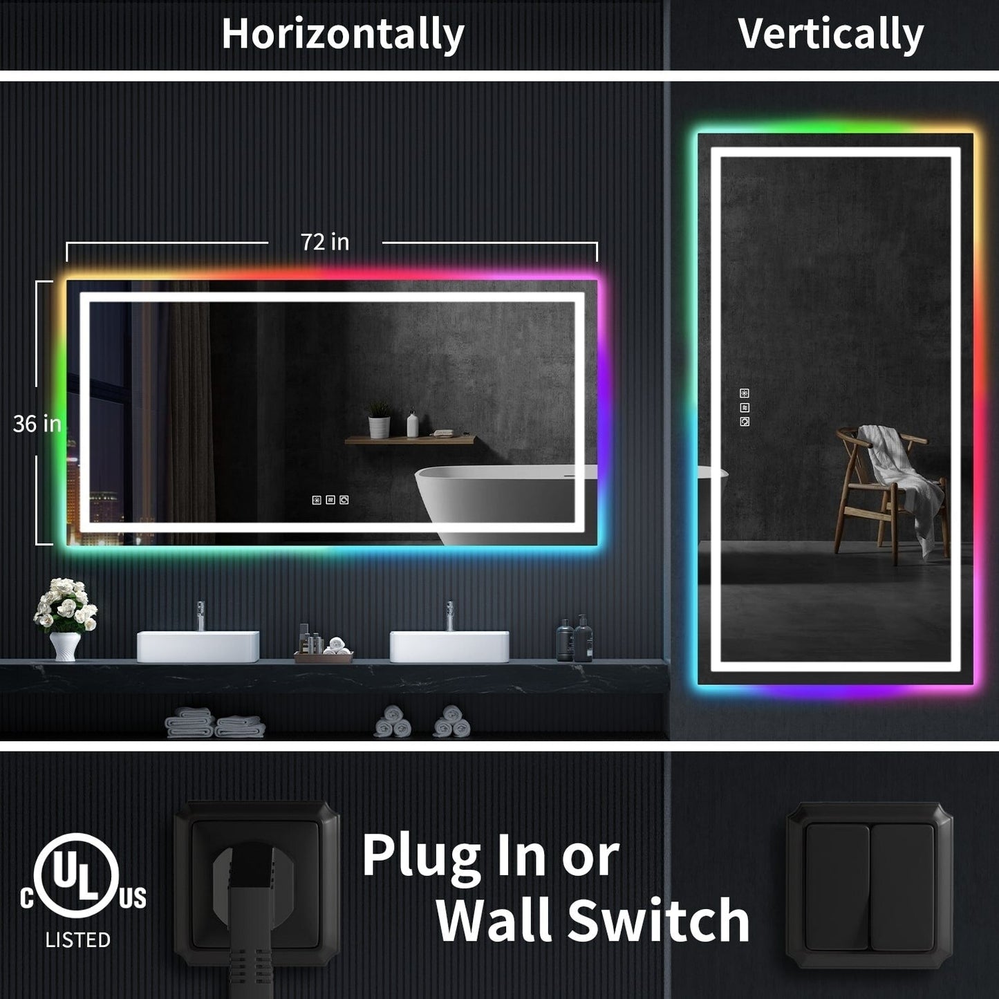 Specchio da bagno con retroilluminazione RGB e illuminazione frontale a LED, anti-appannamento.