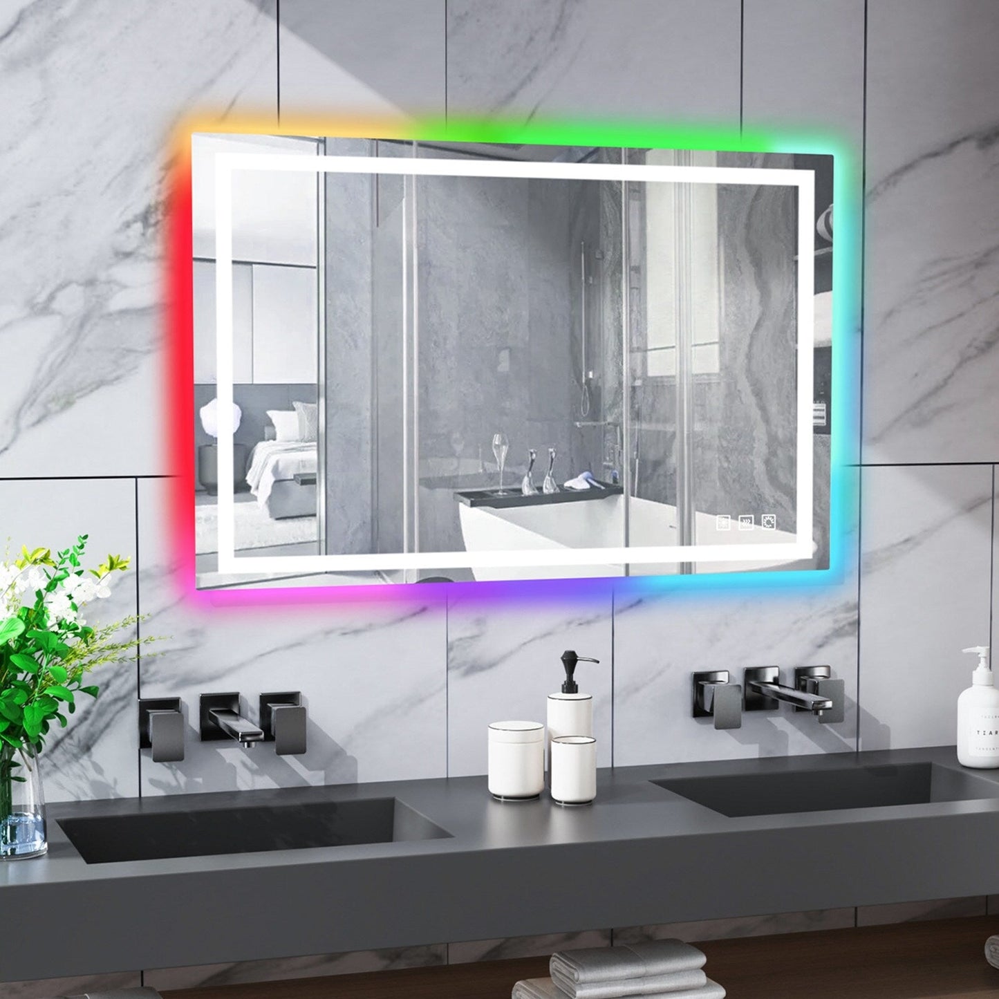 Specchio da bagno con retroilluminazione RGB e illuminazione frontale a LED, anti-appannamento.