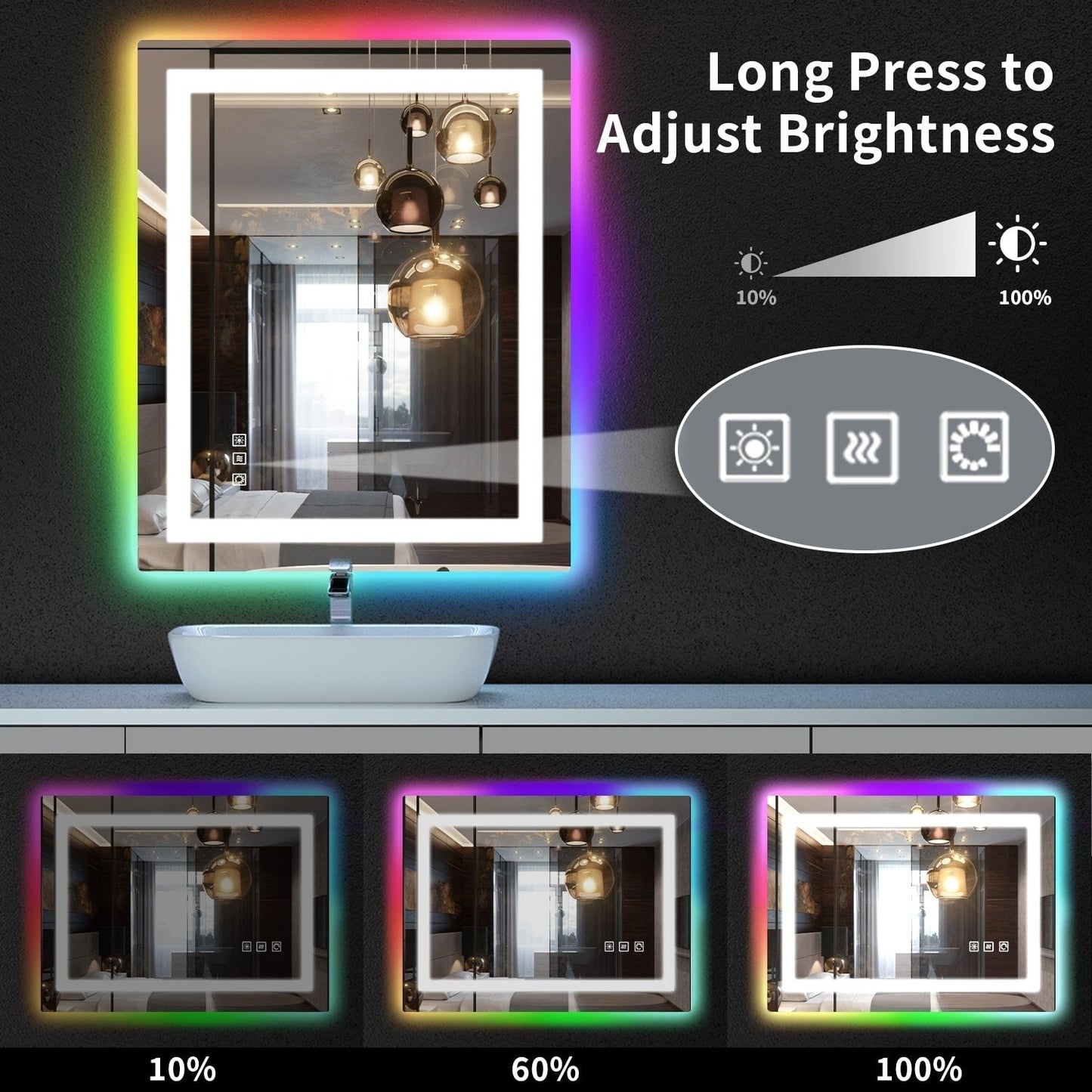 Specchio da bagno con retroilluminazione RGB e illuminazione frontale a LED, anti-appannamento.