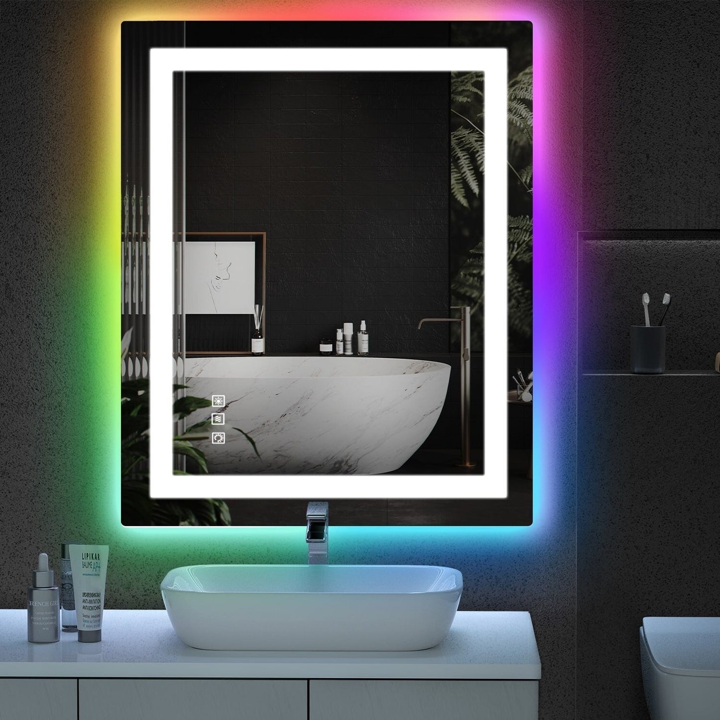 Specchio da bagno con retroilluminazione RGB e illuminazione frontale a LED, anti-appannamento.