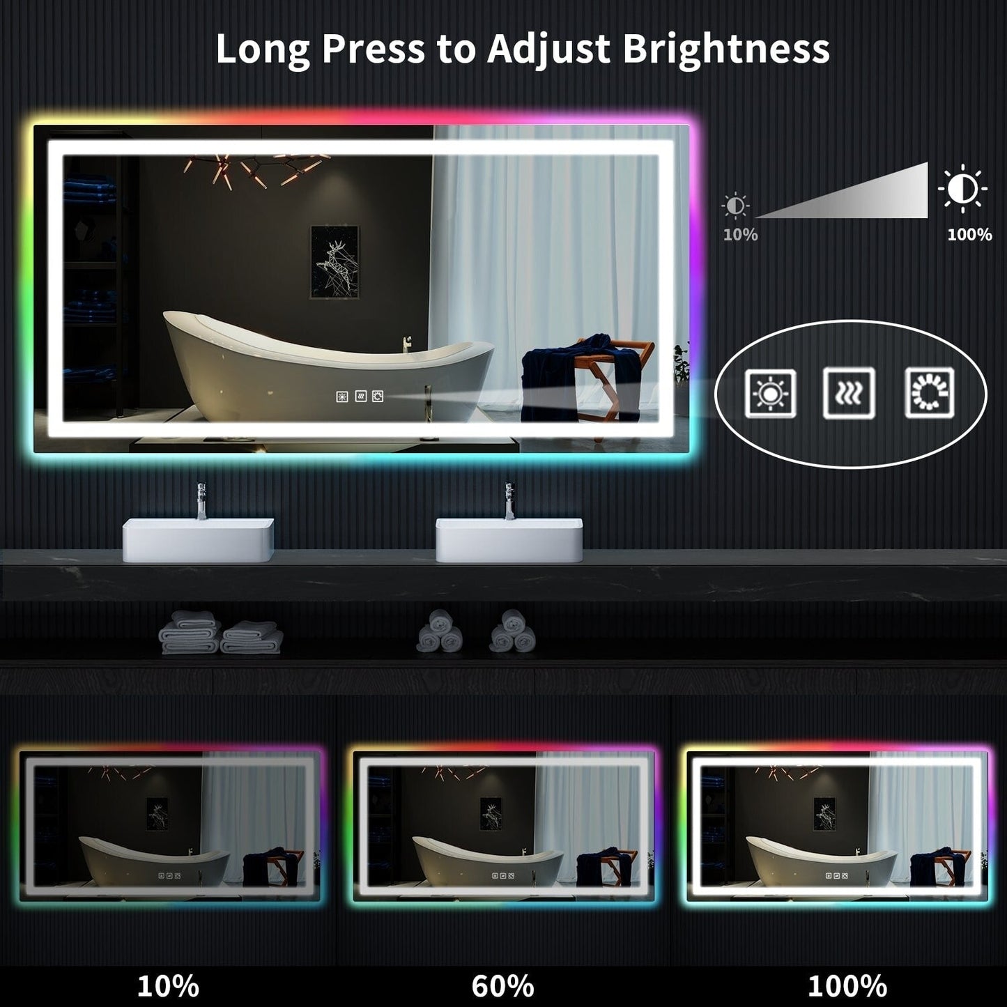 Specchio da bagno con retroilluminazione RGB e illuminazione frontale a LED, anti-appannamento.