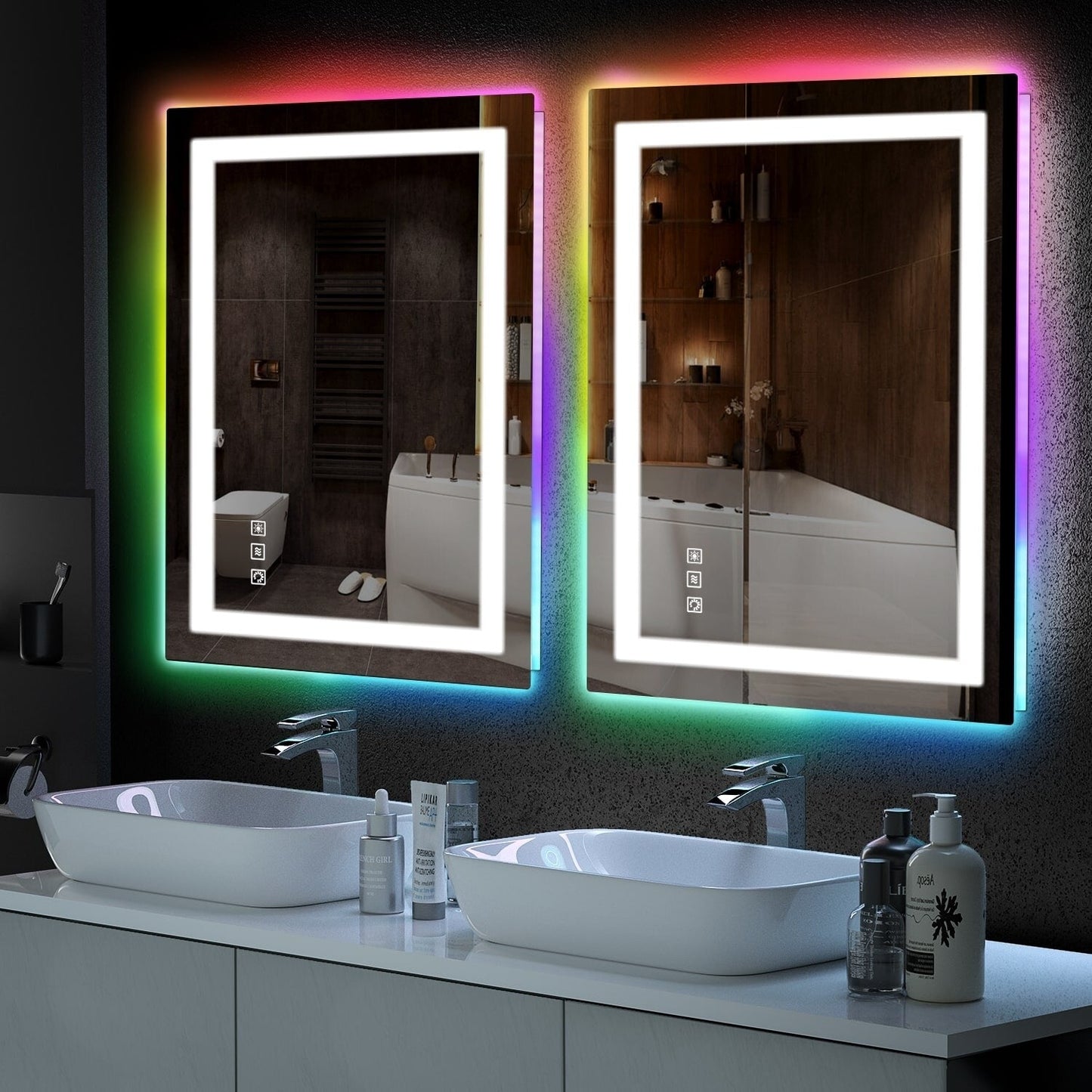 Specchio da bagno con retroilluminazione RGB e illuminazione frontale a LED, anti-appannamento.
