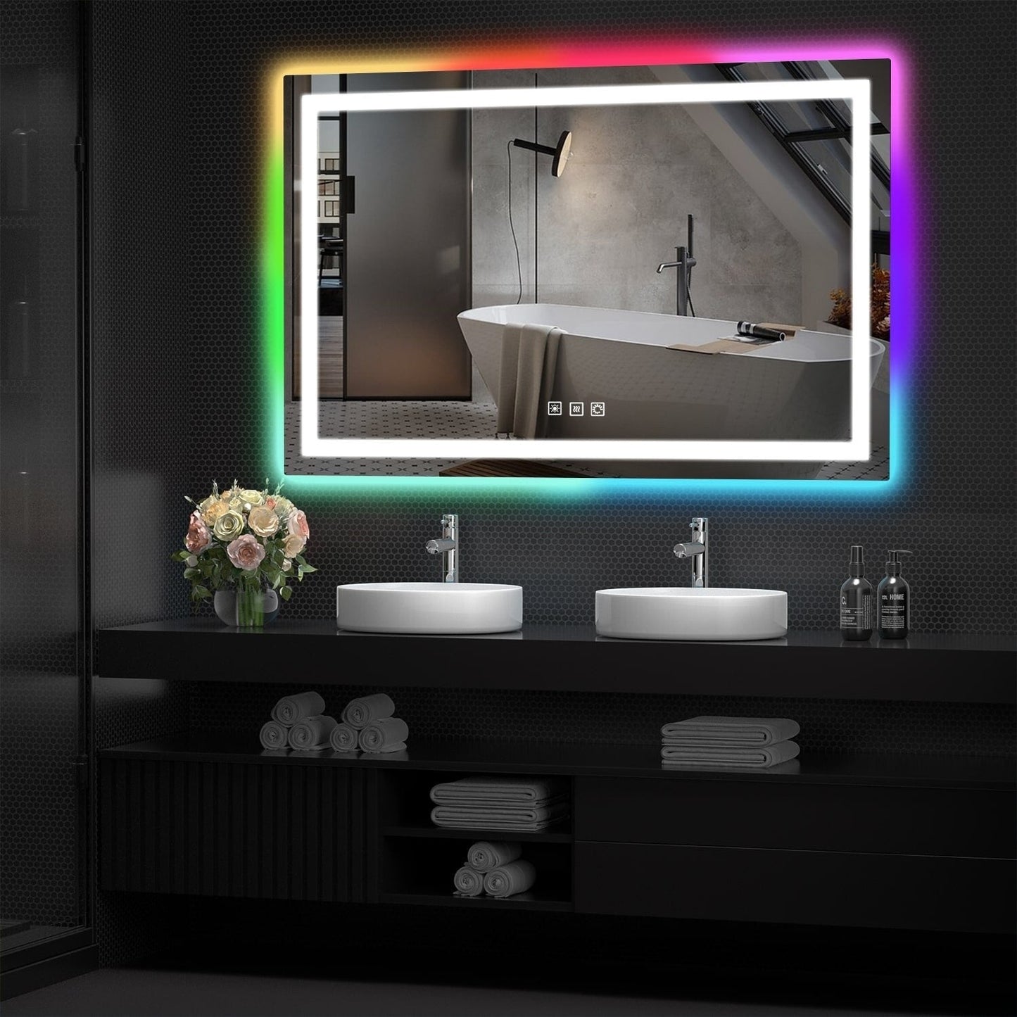 Specchio da bagno con retroilluminazione RGB e illuminazione frontale a LED, anti-appannamento.