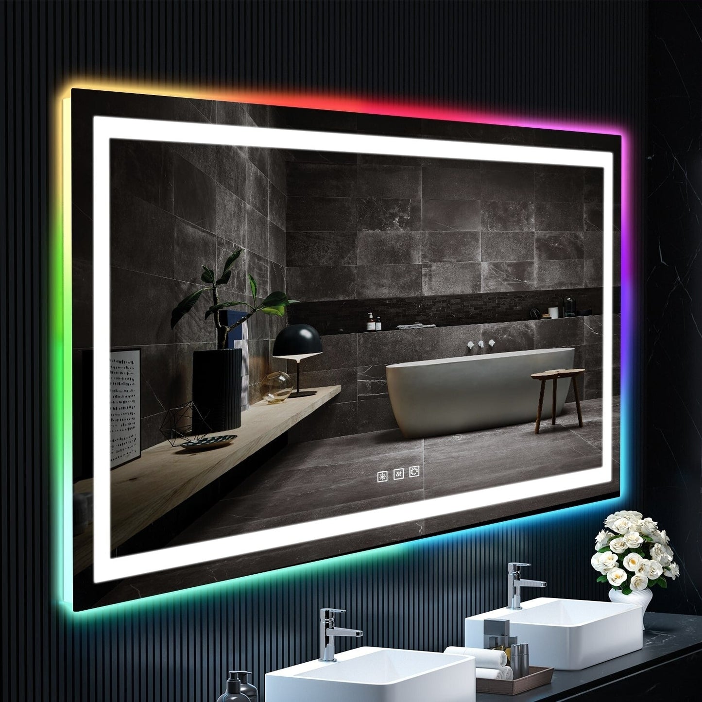 Specchio da bagno con retroilluminazione RGB e illuminazione frontale a LED, anti-appannamento.
