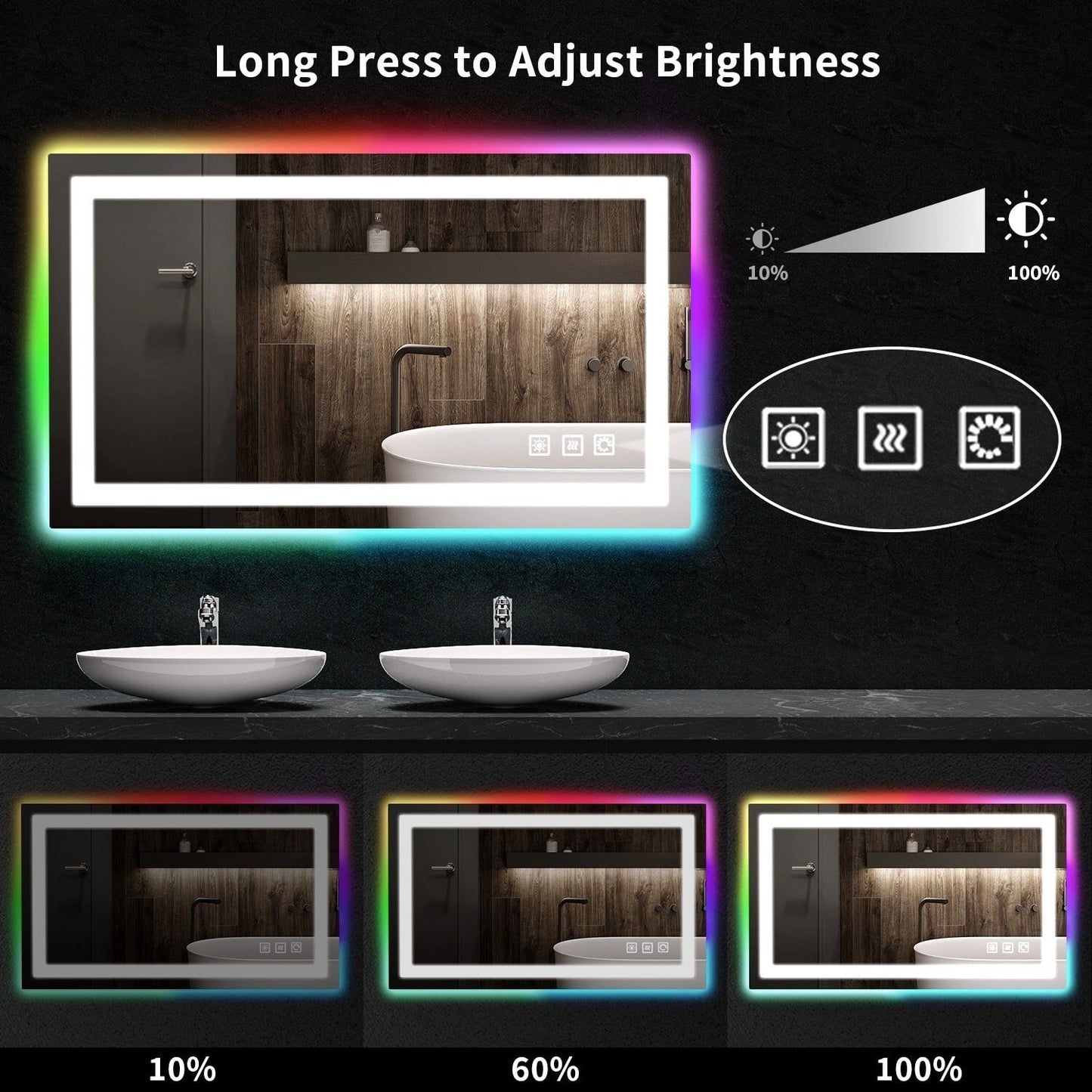 Specchio da bagno con retroilluminazione RGB e illuminazione frontale a LED, anti-appannamento.