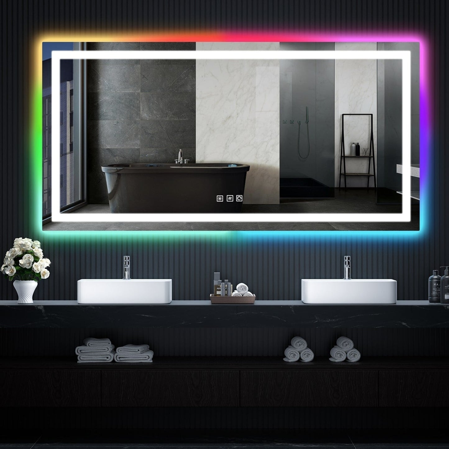 Specchio da bagno con retroilluminazione RGB e illuminazione frontale a LED, anti-appannamento.