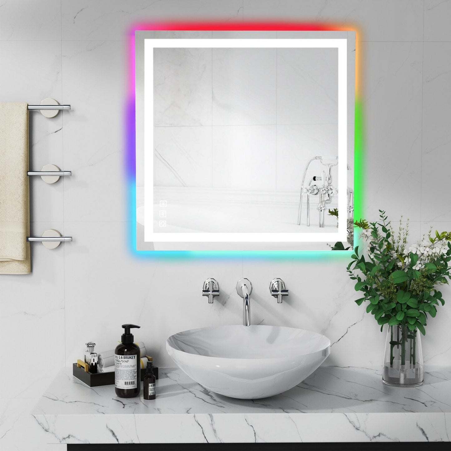 Specchio da bagno con retroilluminazione RGB e illuminazione frontale a LED, anti-appannamento.