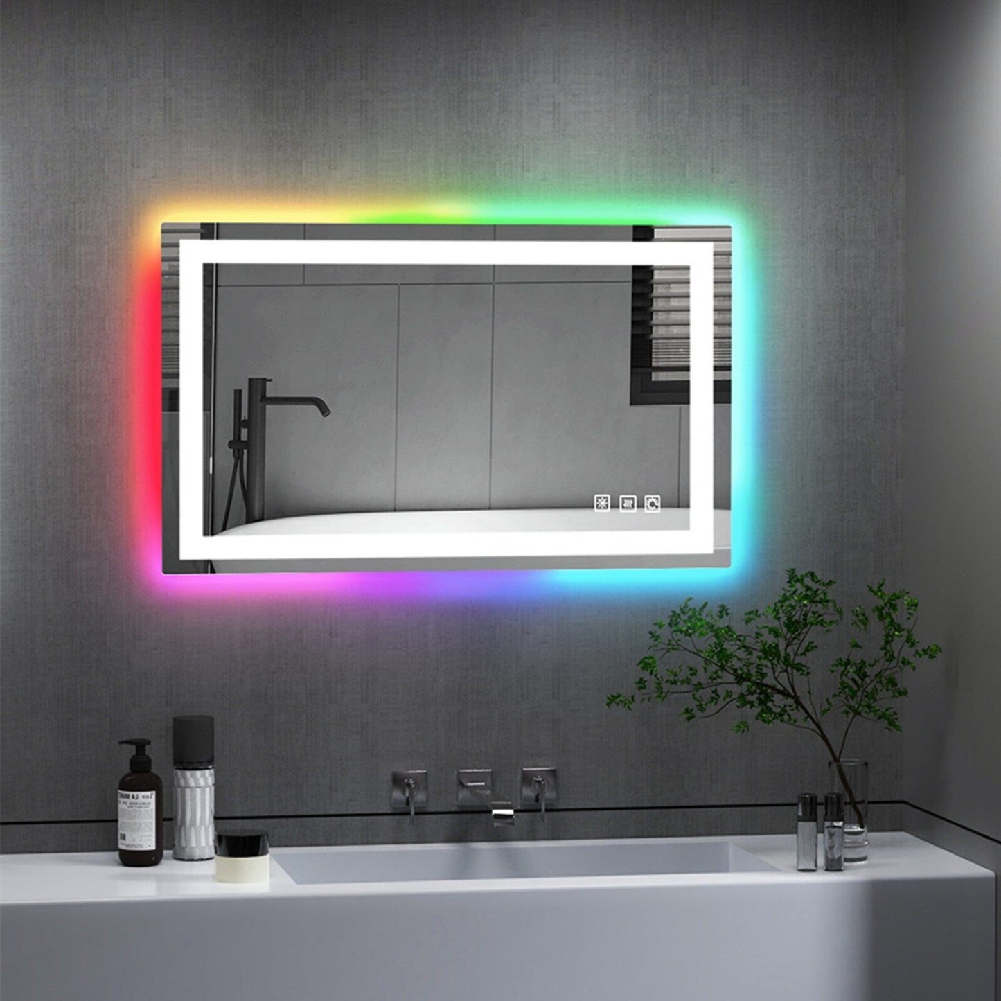 Specchio da bagno con retroilluminazione RGB e illuminazione frontale a LED, anti-appannamento.