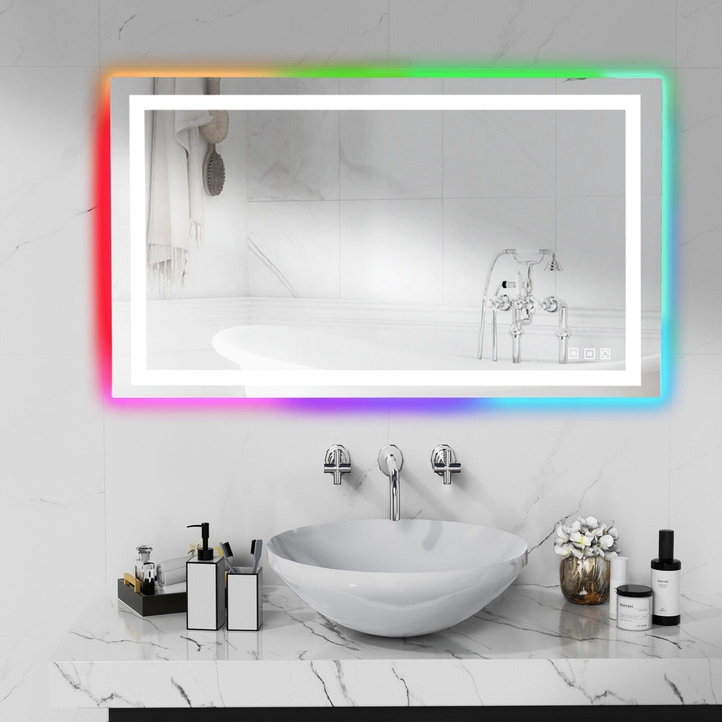 Specchio da bagno con retroilluminazione RGB e illuminazione frontale a LED, anti-appannamento.