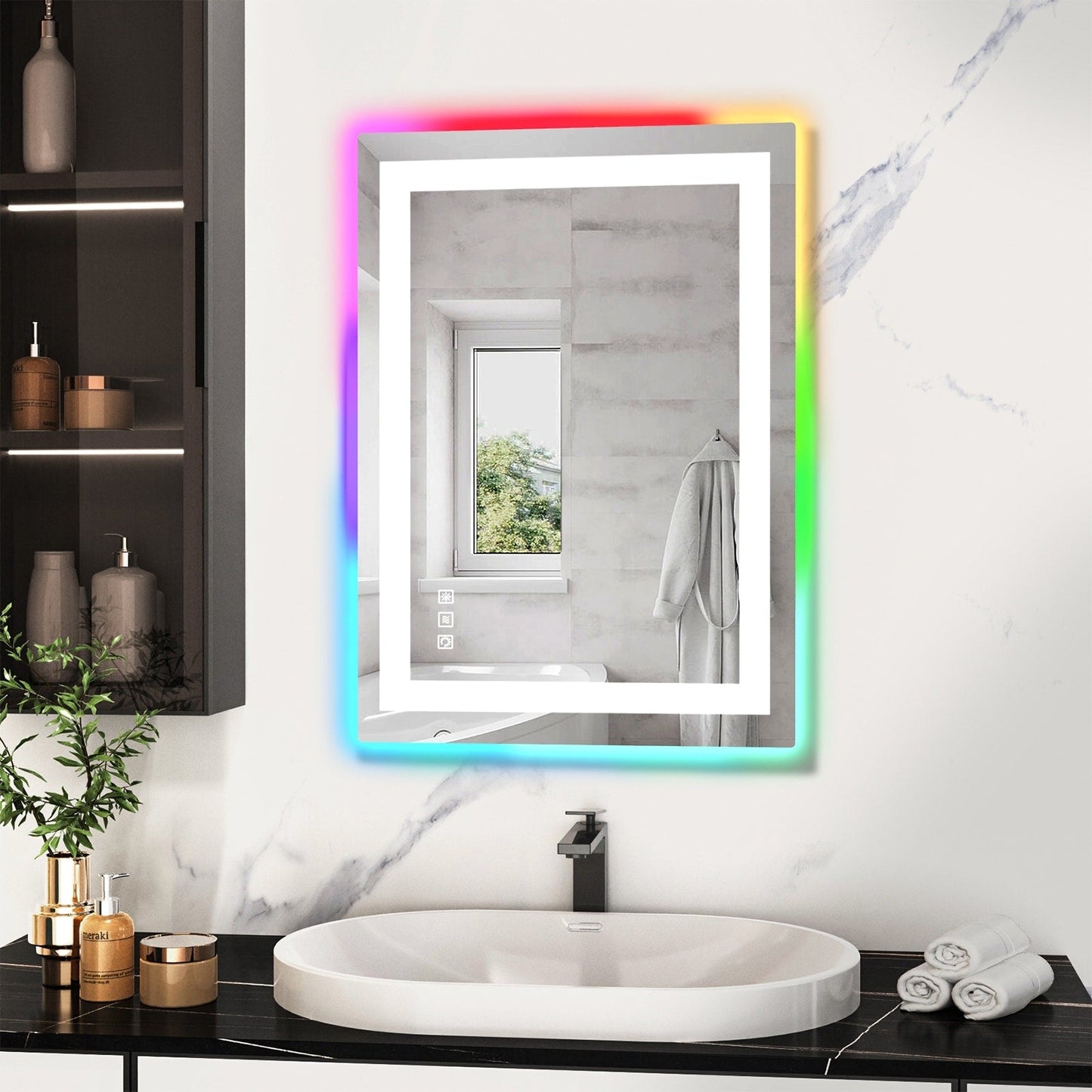 Specchio da bagno con retroilluminazione RGB e illuminazione frontale a LED, anti-appannamento.