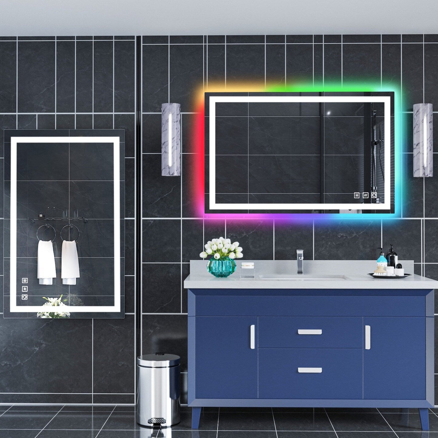 Specchio da bagno con retroilluminazione RGB e illuminazione frontale a LED, anti-appannamento.