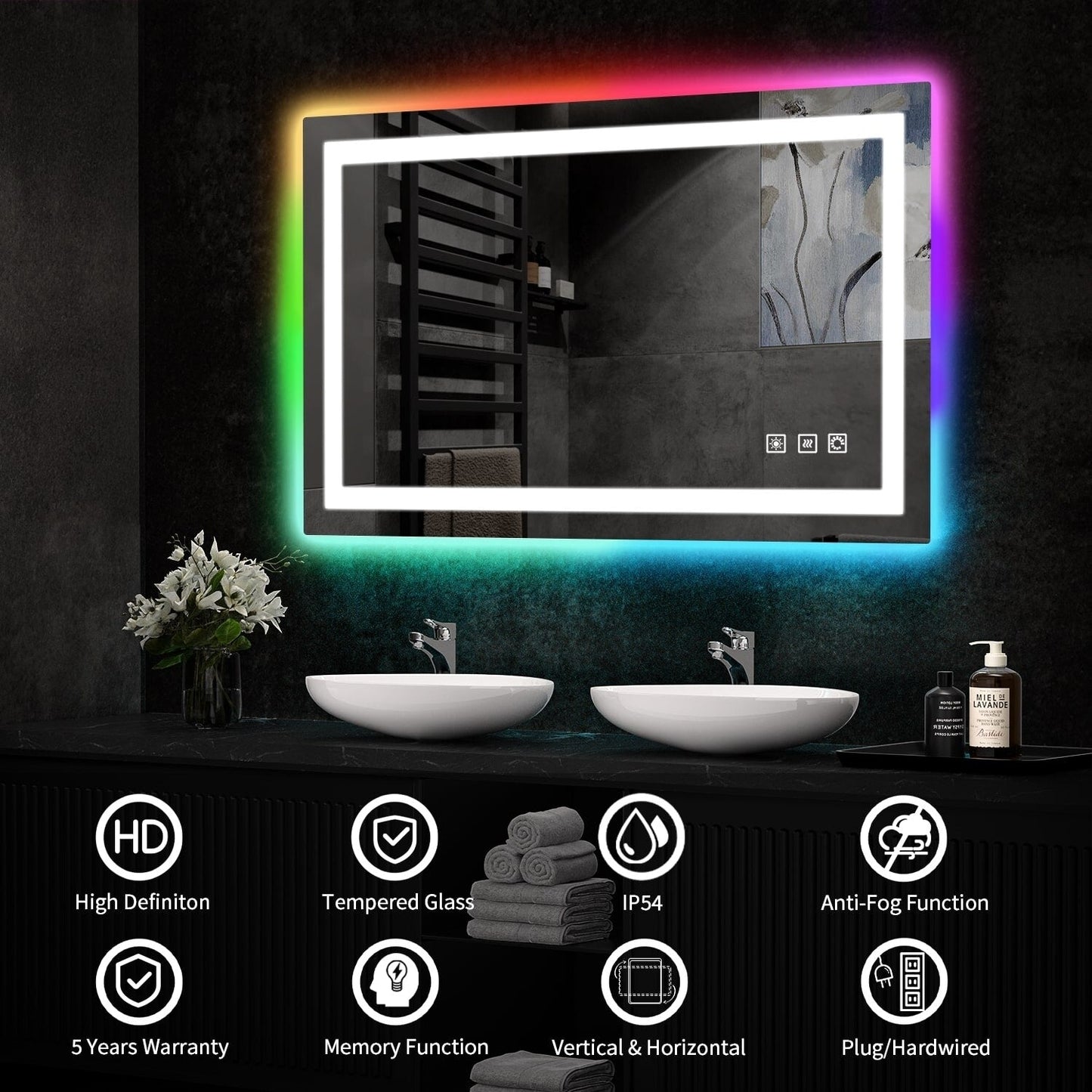 Specchio da bagno con retroilluminazione RGB e illuminazione frontale a LED, anti-appannamento.