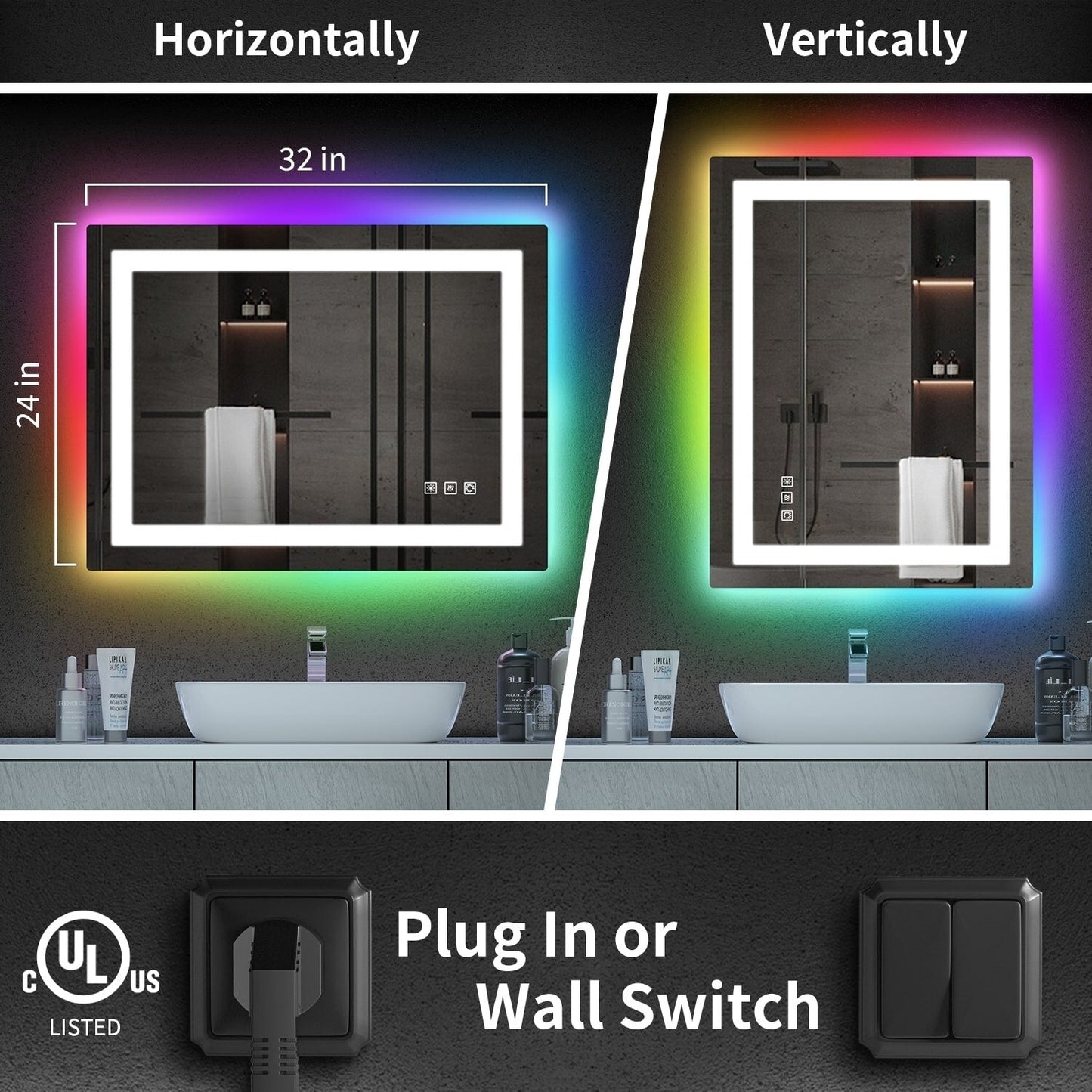 Specchio da bagno con retroilluminazione RGB e illuminazione frontale a LED, anti-appannamento.