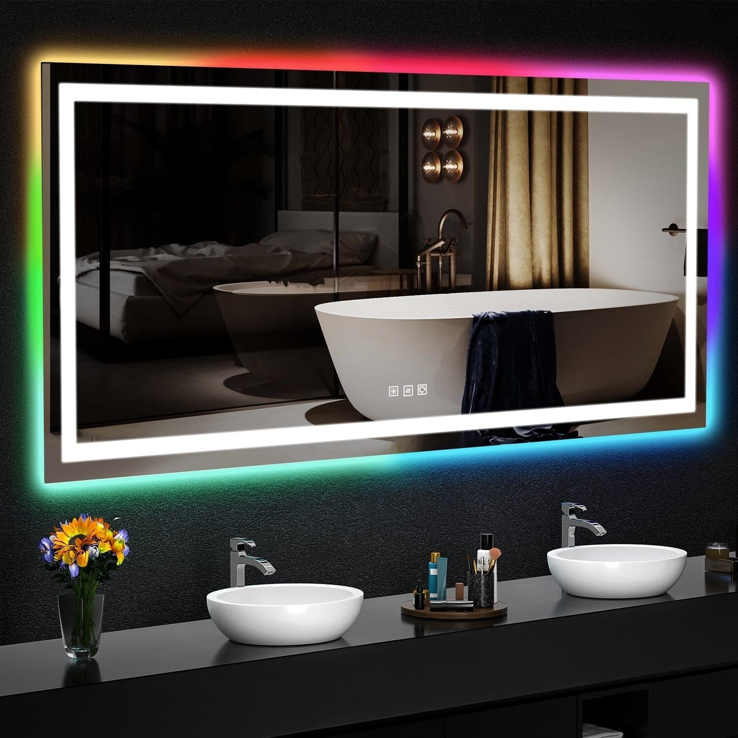 Specchio da bagno con retroilluminazione RGB e illuminazione frontale a LED, anti-appannamento.