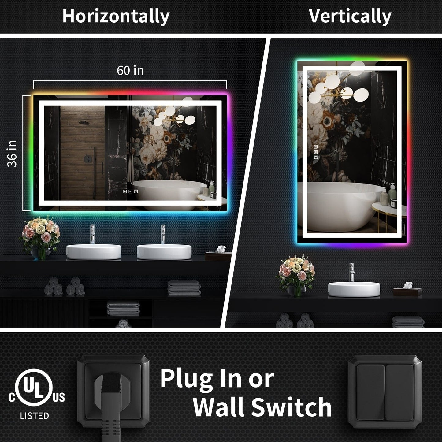 Specchio da bagno con retroilluminazione RGB e illuminazione frontale a LED, anti-appannamento.