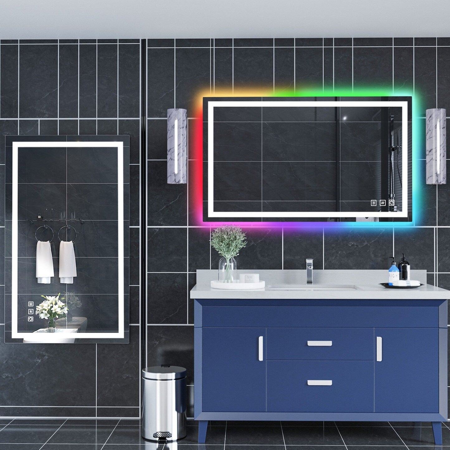 Specchio da bagno con retroilluminazione RGB e illuminazione frontale a LED, anti-appannamento.