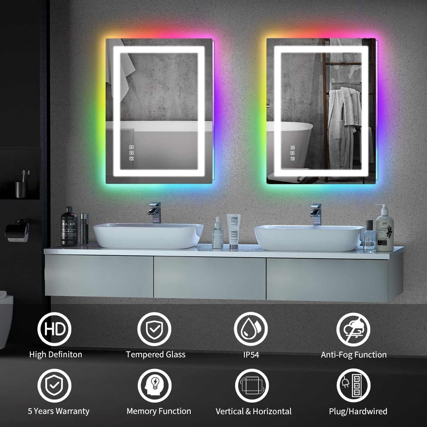 Specchio da bagno con retroilluminazione RGB e illuminazione frontale a LED, anti-appannamento.
