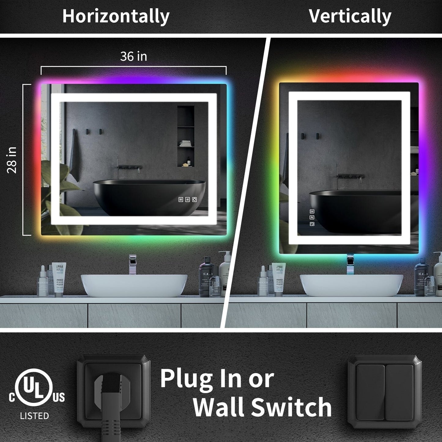 Specchio da bagno con retroilluminazione RGB e illuminazione frontale a LED, anti-appannamento.