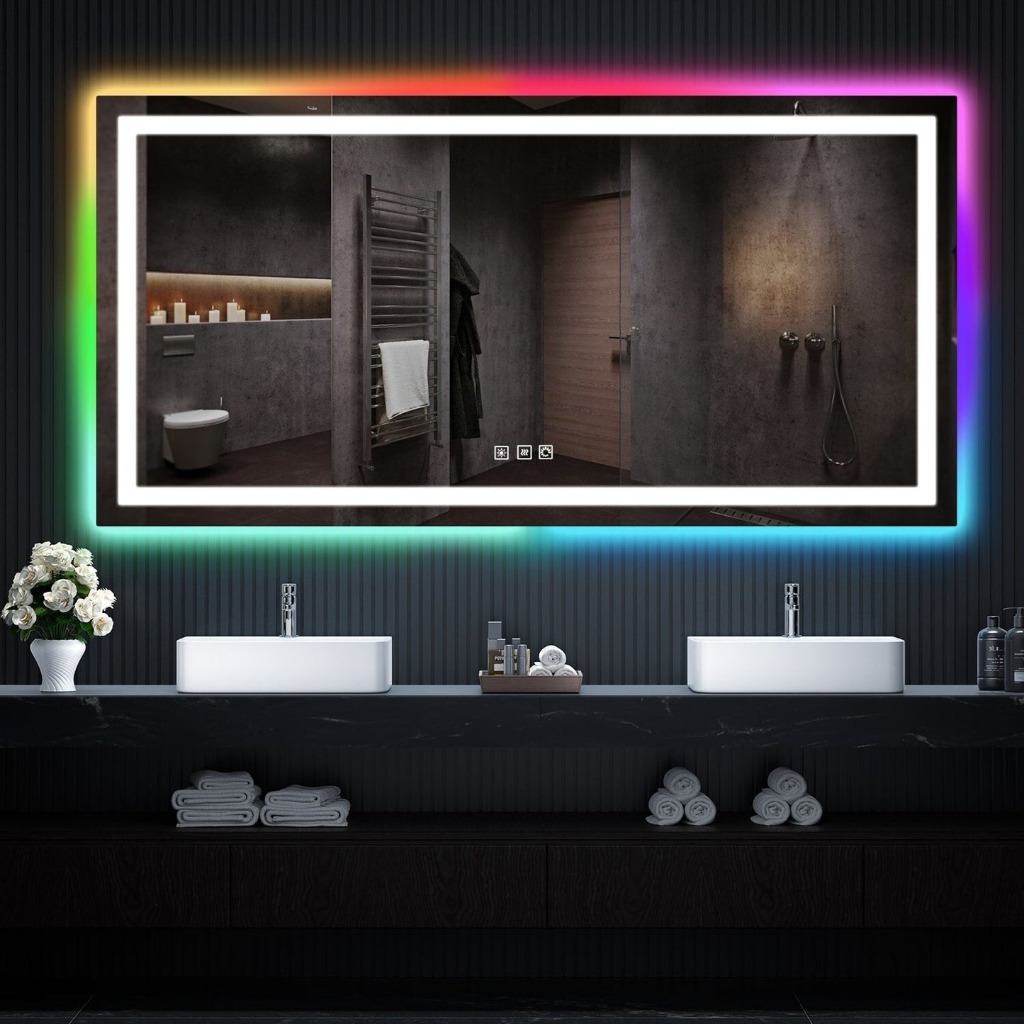 Specchio da bagno con retroilluminazione RGB e illuminazione frontale a LED, anti-appannamento.