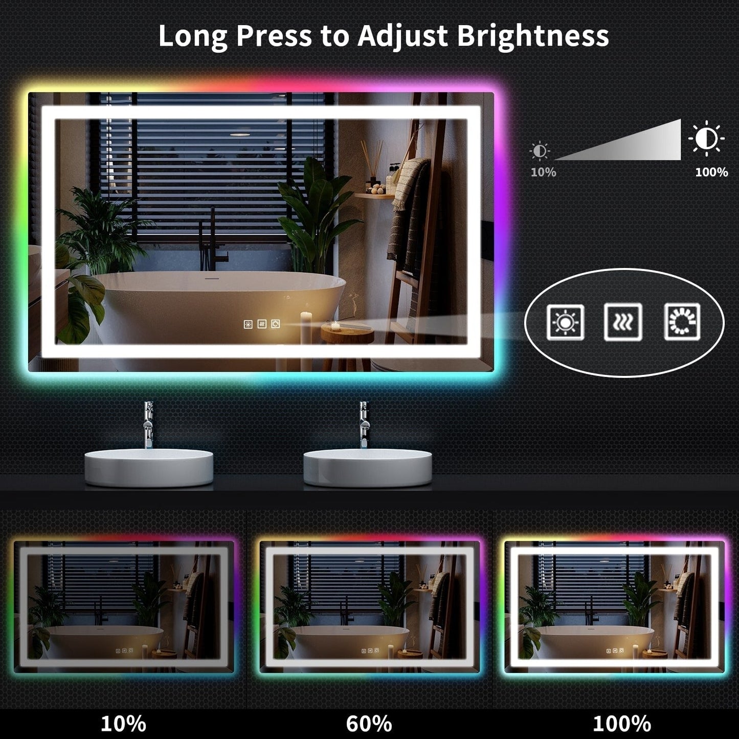 Specchio da bagno con retroilluminazione RGB e illuminazione frontale a LED, anti-appannamento.