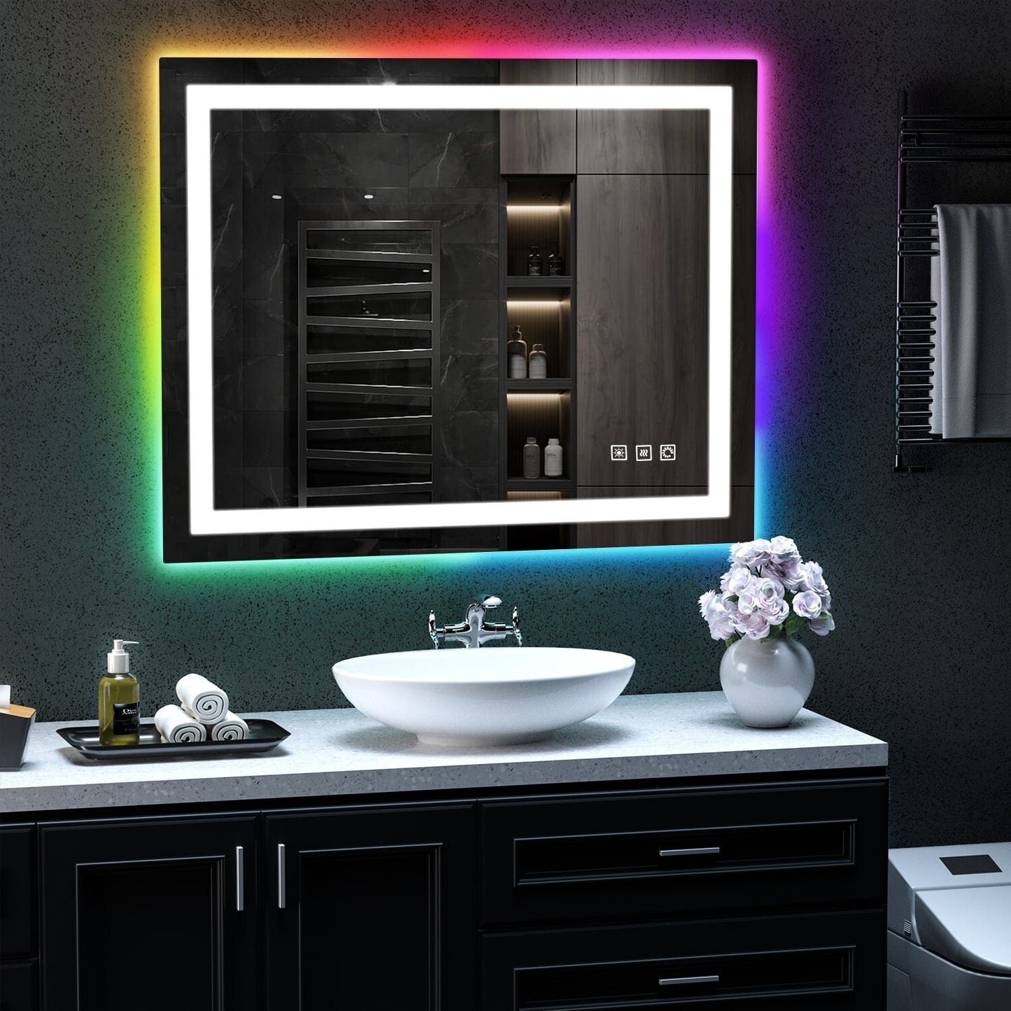 Specchio da bagno con retroilluminazione RGB e illuminazione frontale a LED, anti-appannamento.