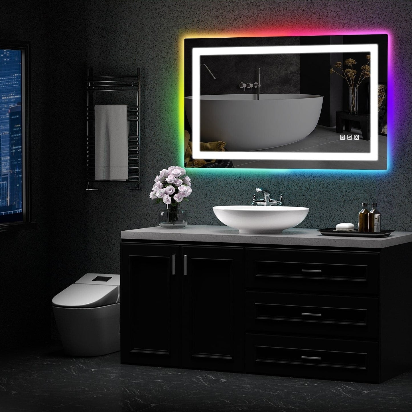 Specchio da bagno con retroilluminazione RGB e illuminazione frontale a LED, anti-appannamento.
