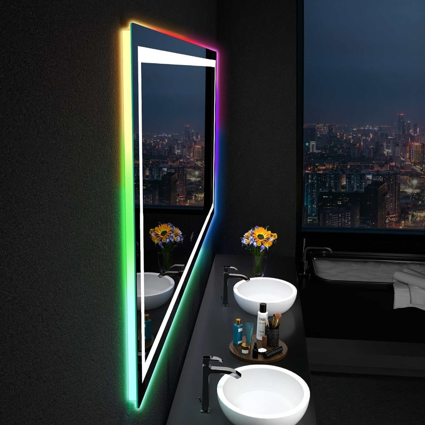 Specchio da bagno con retroilluminazione RGB e illuminazione frontale a LED, anti-appannamento.